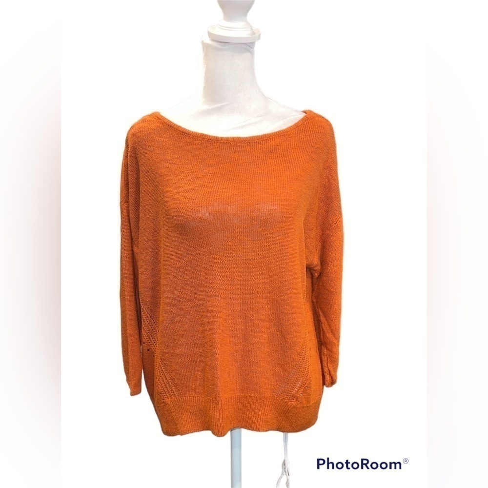 Anthropologie Burnt Orange Linen Blend Pointelle Knit Boatneck Sweater Small